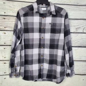 Columbia Men’s Flannel Shirt M Gray Black Plaid Long Sleeve Cotton Blend